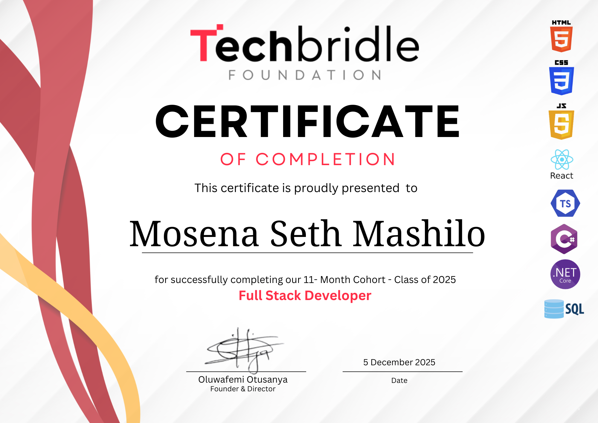 Mashilo Mosena certificate